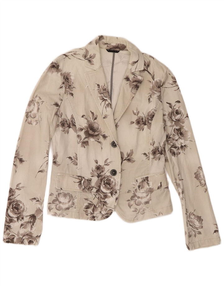 Jaqueta blazer jeans Sisley feminina com 2 botões Reino Unido 10 pequeno off white floral