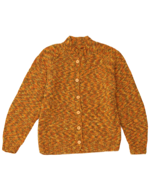 Suéter cardigã feminino vintage Reino Unido 12 médio amarelo manchado