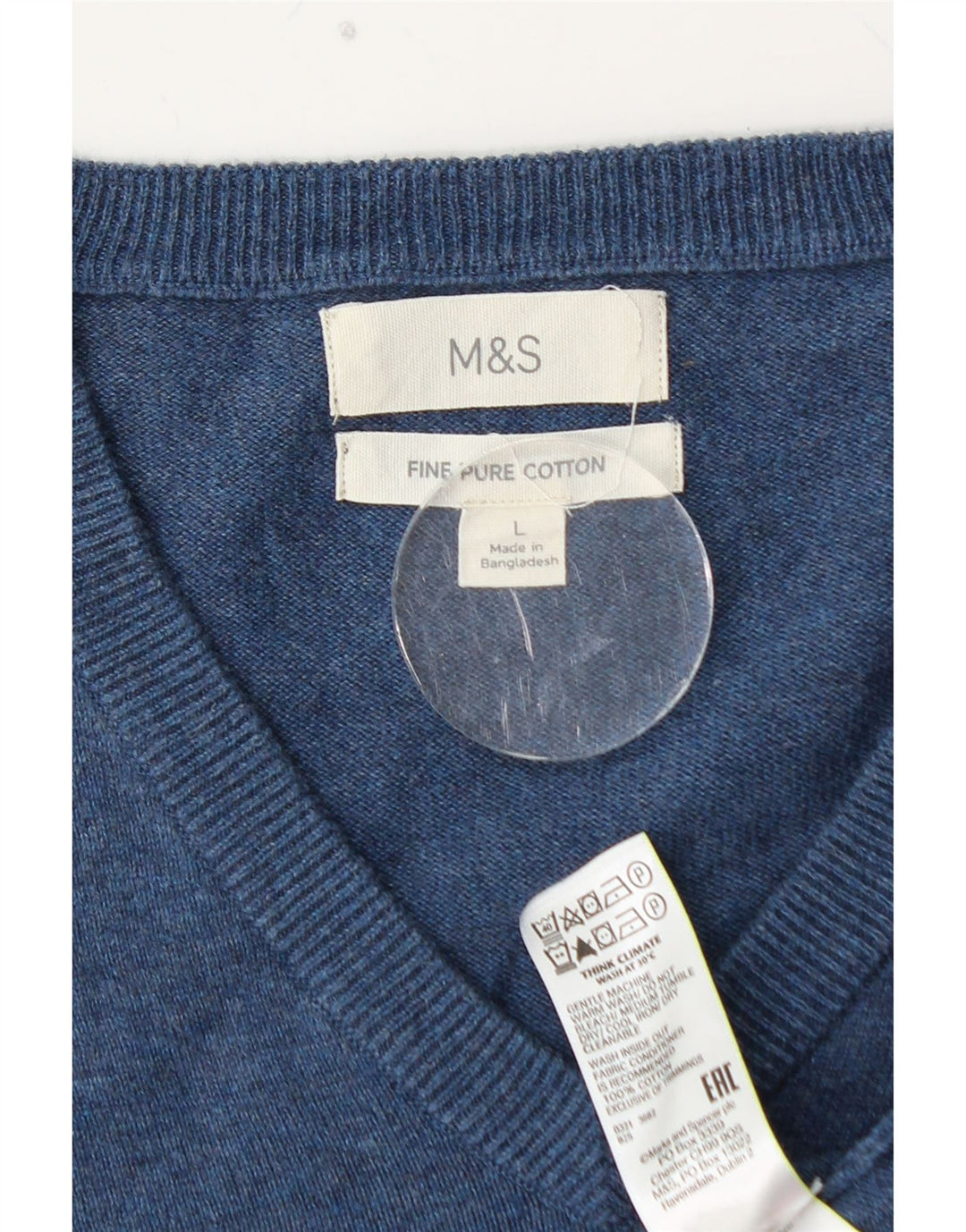 MARKS & SPENCER Suéter masculino com decote em V grande algodão azul