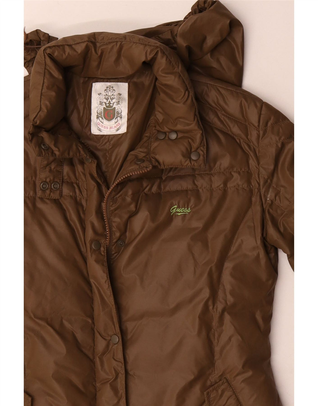 Casaco feminino acolchoado com capuz Guess UK 14 médio cáqui poliamida
