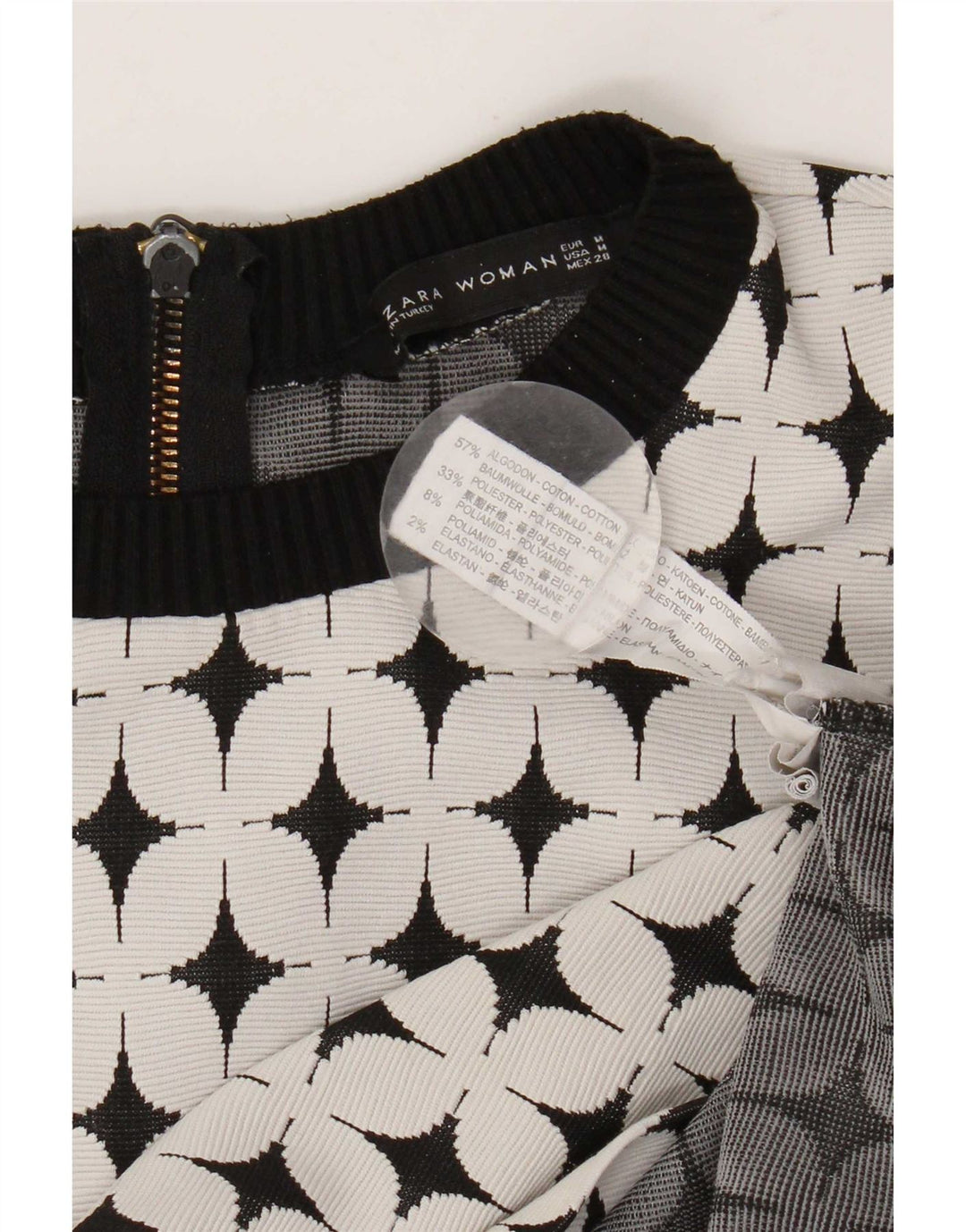 Vestido feminino Zara com padrão abstrato evasê UK 12 algodão branco médio