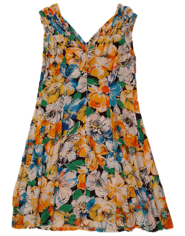Vestido feminino vintage sem mangas evasê UK 12 médio floral multicolorido