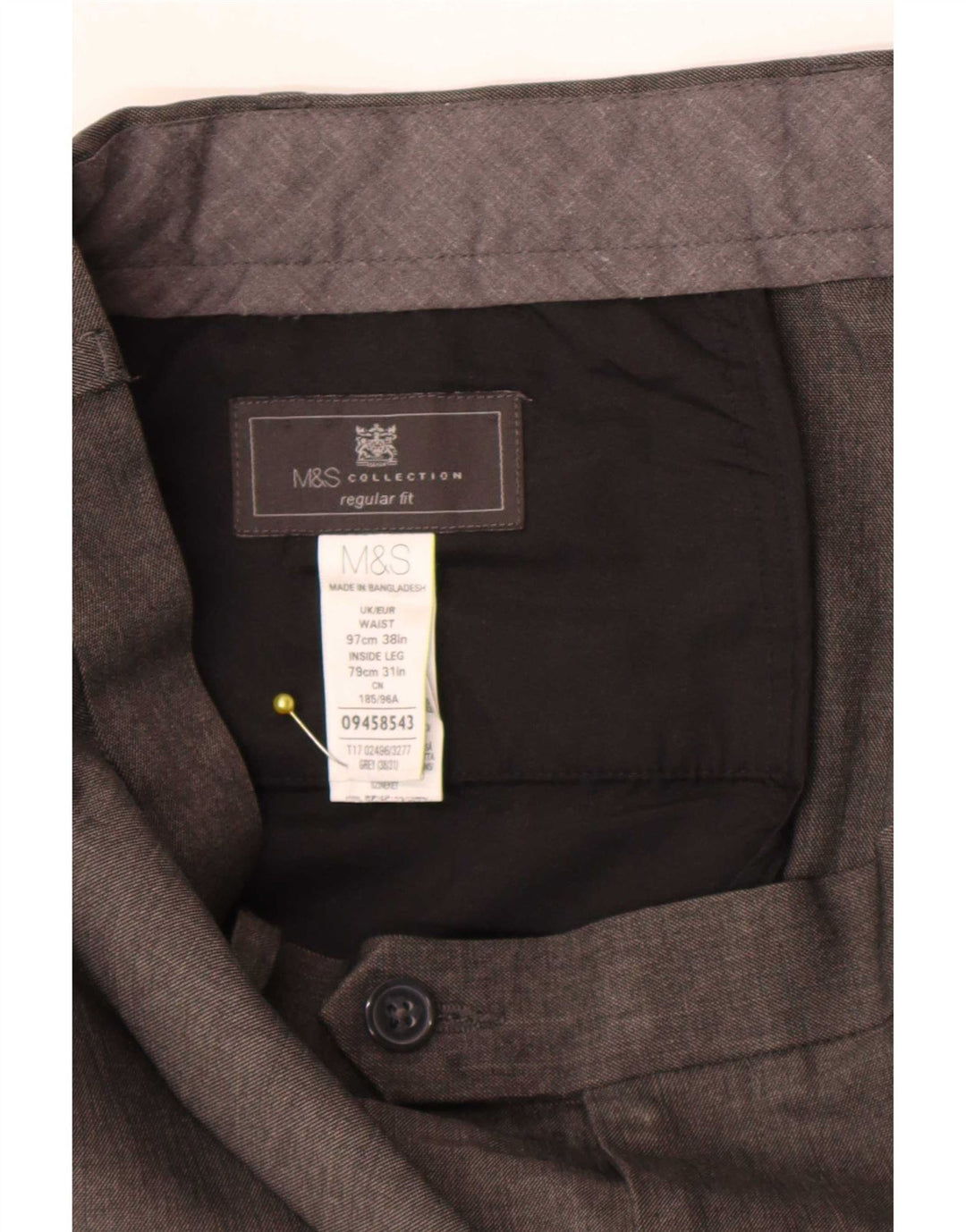 Calça masculina de ajuste regular Marks & Spencer W38 L31 poliéster cinza