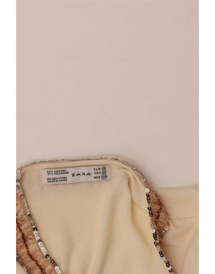 Top feminino Zara manga comprida UK 12 viscose bege médio