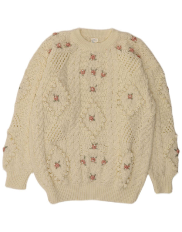 Suéter feminino vintage com gola redonda UK 20 2XL branco floral