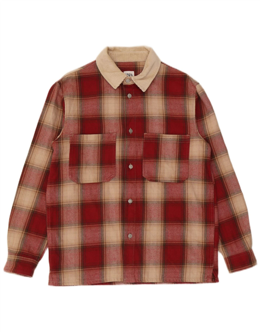 Zara Camisa masculina de flanela com ajuste relaxado e xadrez vermelho médio