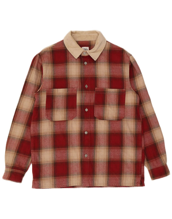 Zara Camisa masculina de flanela com ajuste relaxado e xadrez vermelho médio