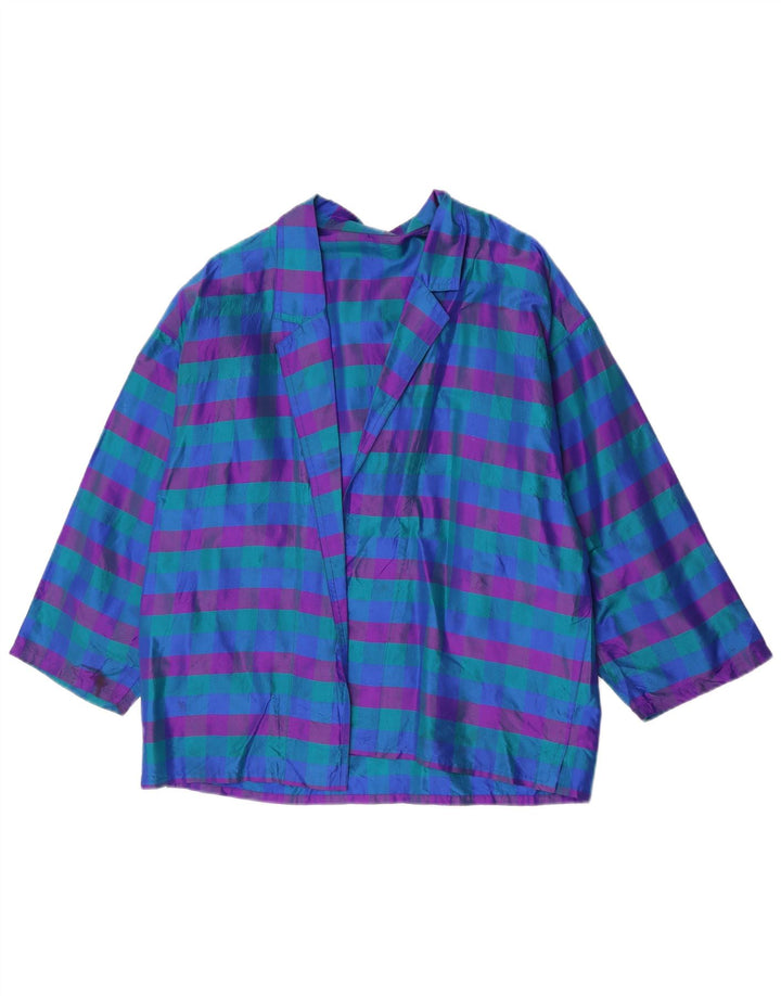 Jaqueta Blazer aberta feminina vintage Reino Unido 14 xadrez azul médio