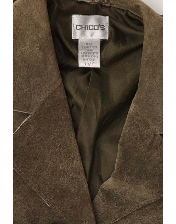 Jaqueta blazer feminina grande de camurça com 3 botões da Chico's EUA 0 XS couro cáqui