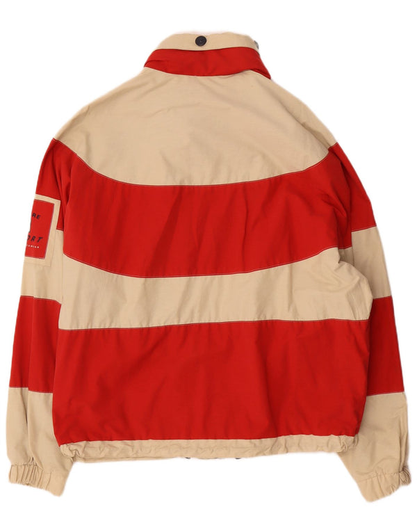 Jaqueta de esqui de ajuste solto com capuz masculino vintage Reino Unido 36 algodão listrado vermelho pequeno