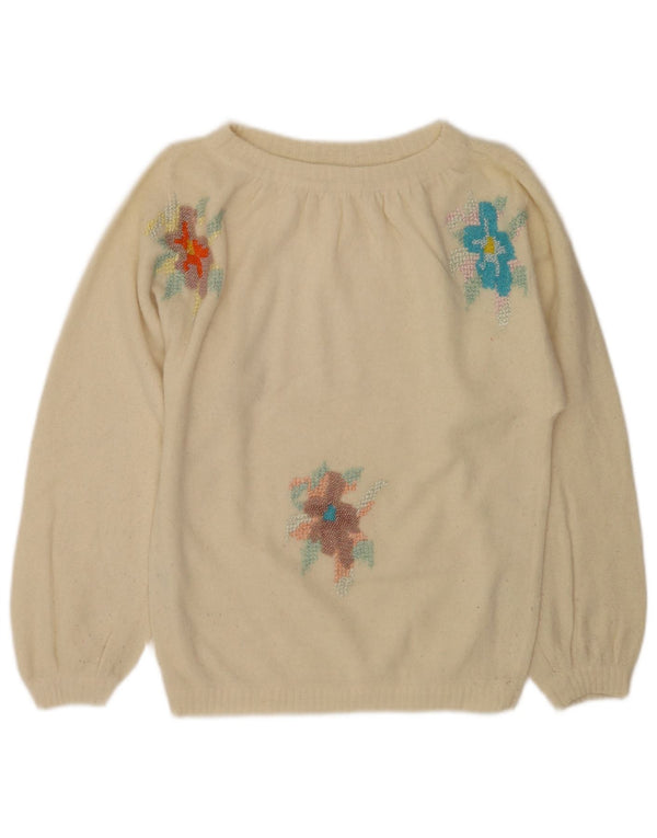 Suéter feminino vintage com gola canoa UK 12 médio off white floral