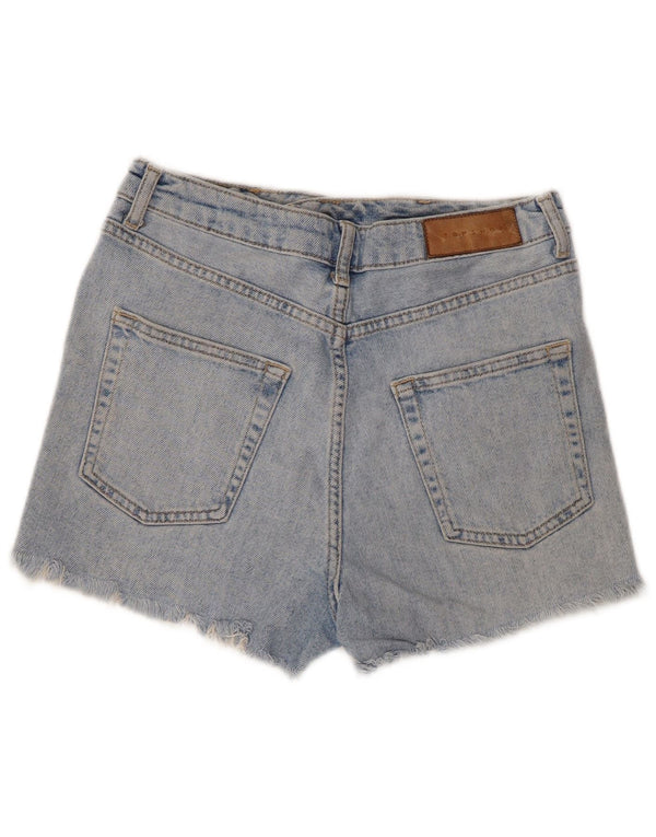 Shorts jeans feminino Topshop Mom Distressed UK 10 pequeno W28 algodão azul