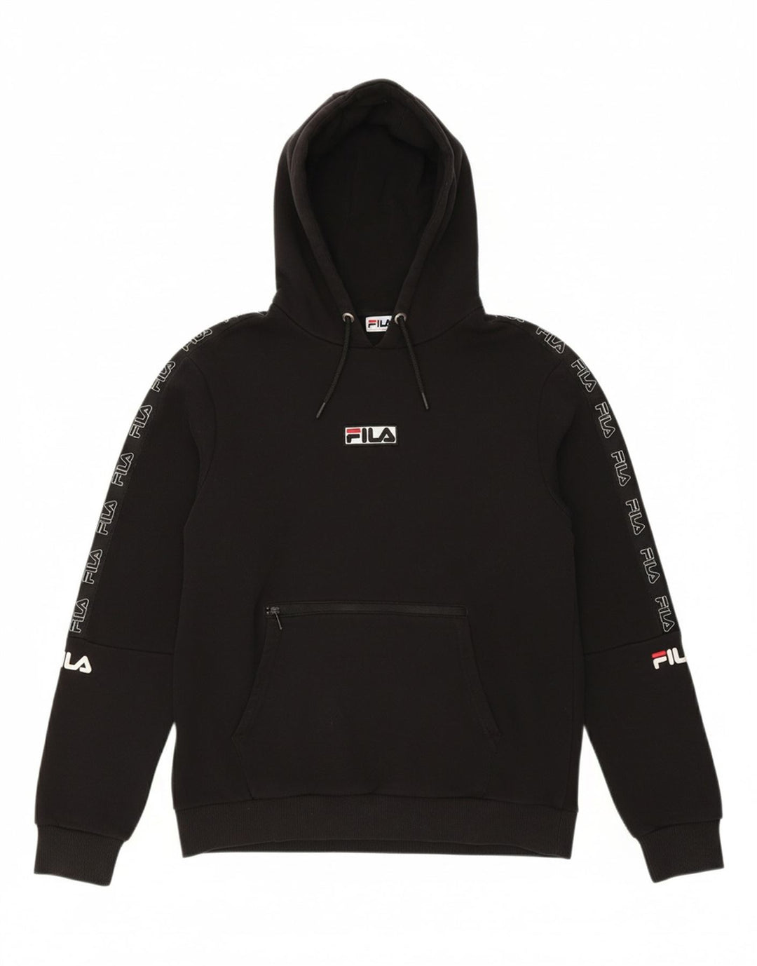 FILA Mens Graphic Hoodie Jumper Small Black Cotton Vintage Fila and Second-Hand Fila from Messina Hembry 