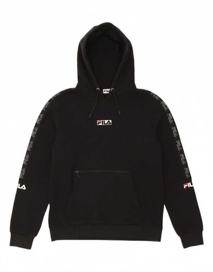 FILA Mens Graphic Hoodie Jumper Small Black Cotton Vintage Fila and Second-Hand Fila from Messina Hembry 