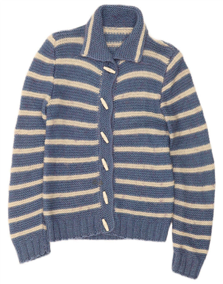 Suéter cardigã feminino vintage Reino Unido 10 listrado azul pequeno