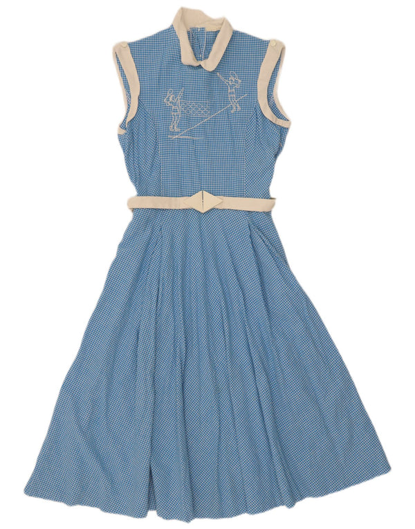 Vestido maxi feminino vintage sem mangas Reino Unido 10 pequeno azul guingão