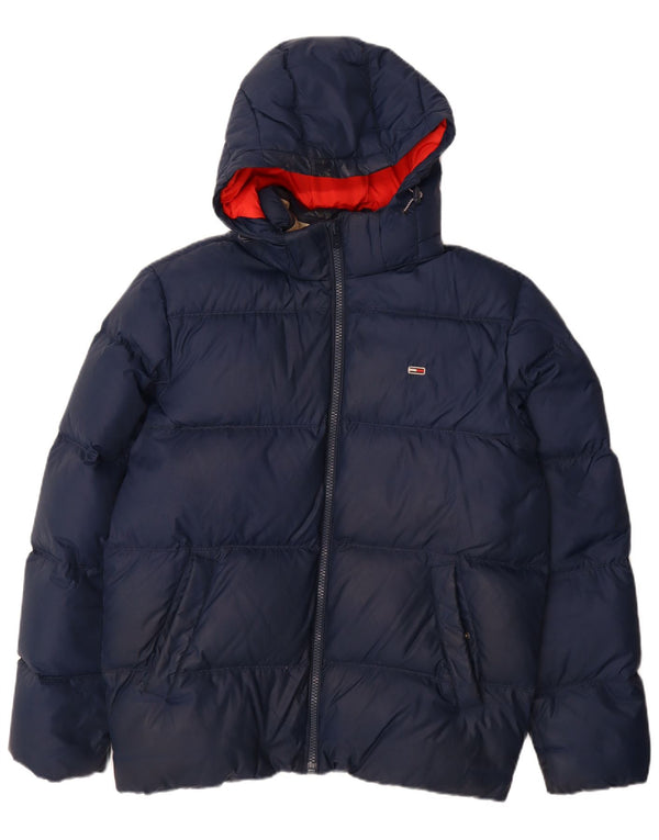 Jaqueta masculina acolchoada com capuz Tommy Hilfiger Reino Unido 42 XL azul marinho poliéster