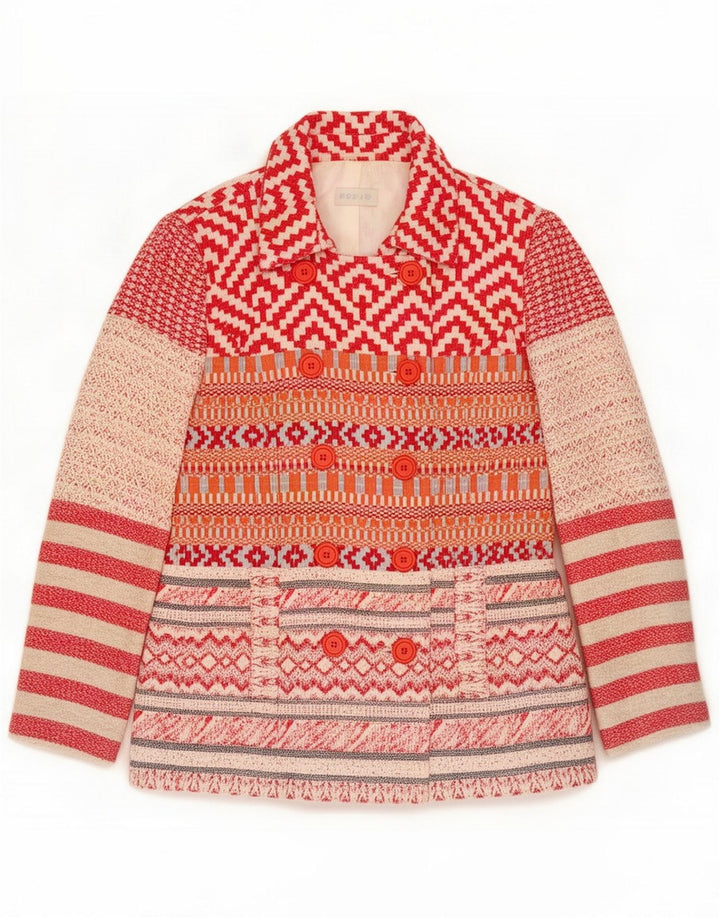 Desigual Womens Pea Coat EU 40 Medium Red Fair Isle Cotton