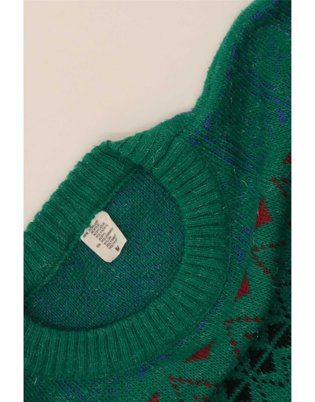 Suéter vintage masculino com gola redonda, acrílico geométrico verde médio
