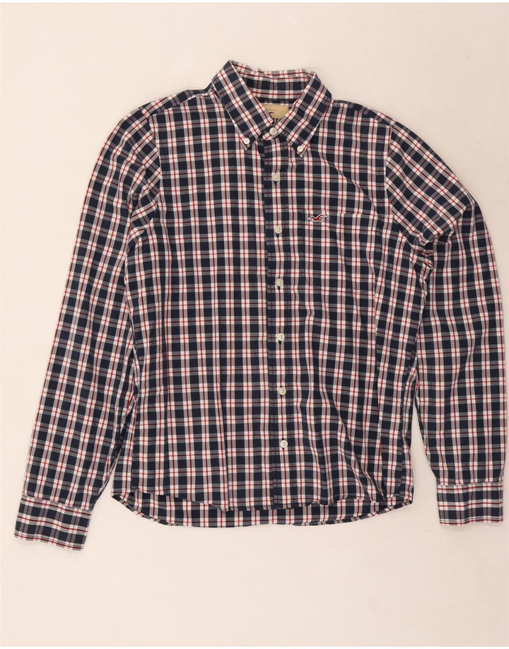 Camisa masculina Hollister grande algodão xadrez azul marinho