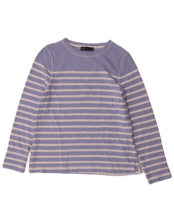Top feminino Marks & Spencer manga comprida Reino Unido 10 pequeno algodão listrado azul