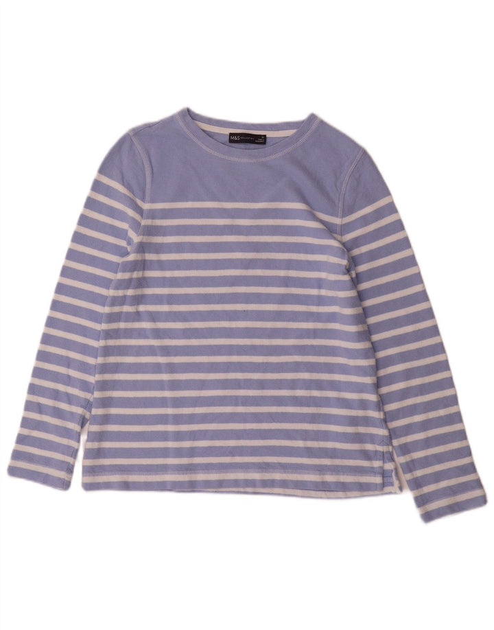 Top feminino Marks & Spencer manga comprida Reino Unido 10 pequeno algodão listrado azul