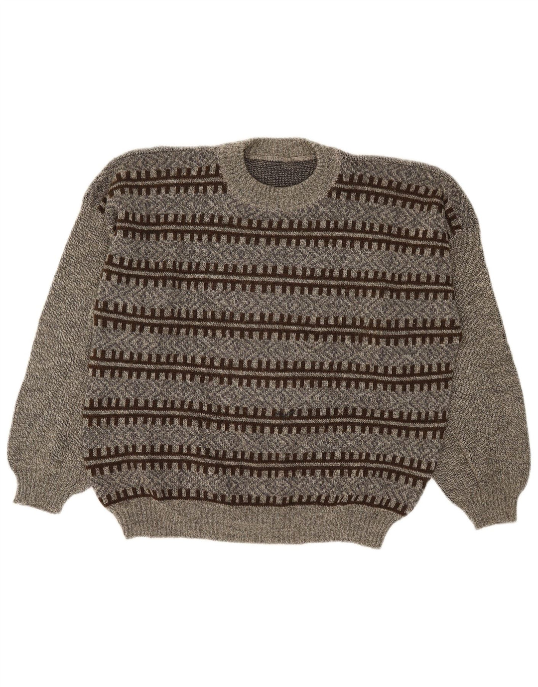 Suéter vintage masculino com gola redonda grande cinza geométrico