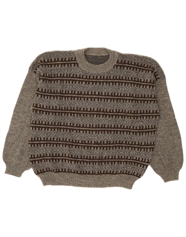 Suéter vintage masculino com gola redonda grande cinza geométrico