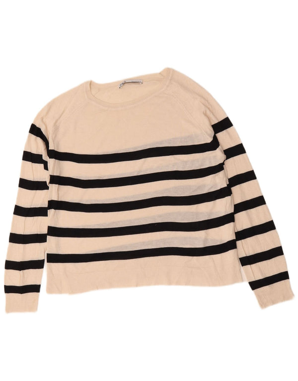 Zara Suéter feminino com gola canoa e listrado branco médio UK 14