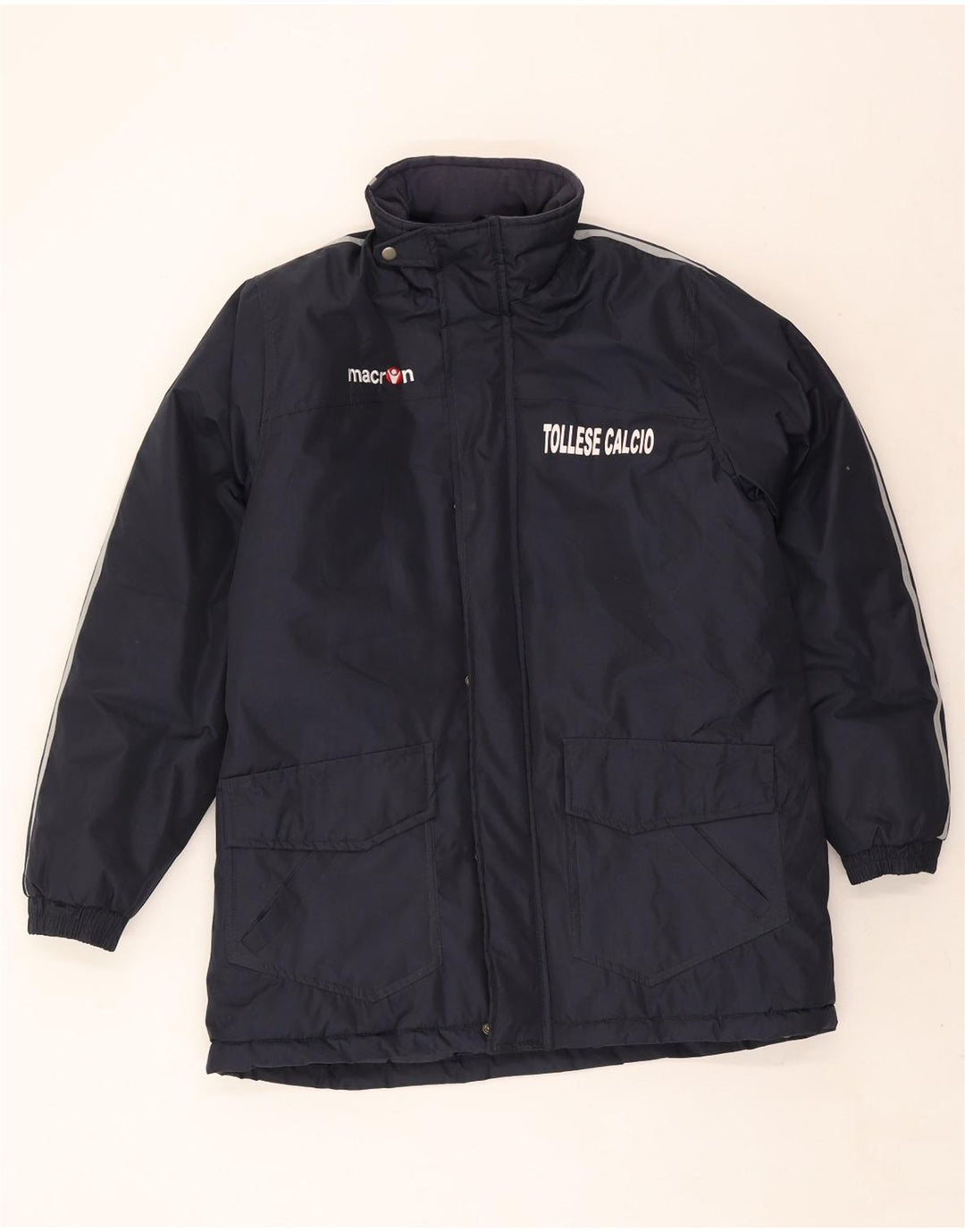 Jaqueta masculina acolchoada com capuz gráfico Macron UK 40 grande poliéster azul marinho