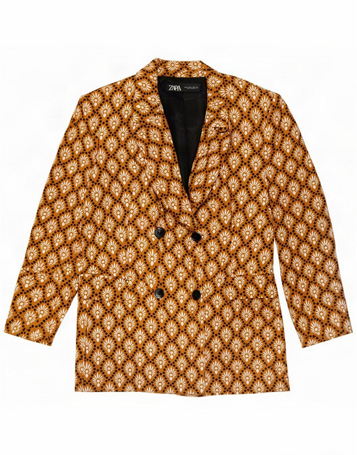 Zara Jaqueta blazer feminina com peito duplo Reino Unido 18 XL marrom geométrico