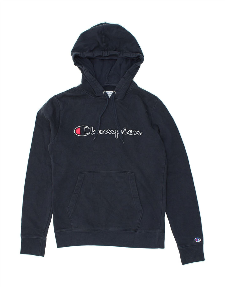 CHAMPION Mens Graphic Hoodie Jumper Small Navy Blue Cotton | Vintage Champion | Thrift | Second-Hand Champion | Used Clothing | Messina Hembry 
