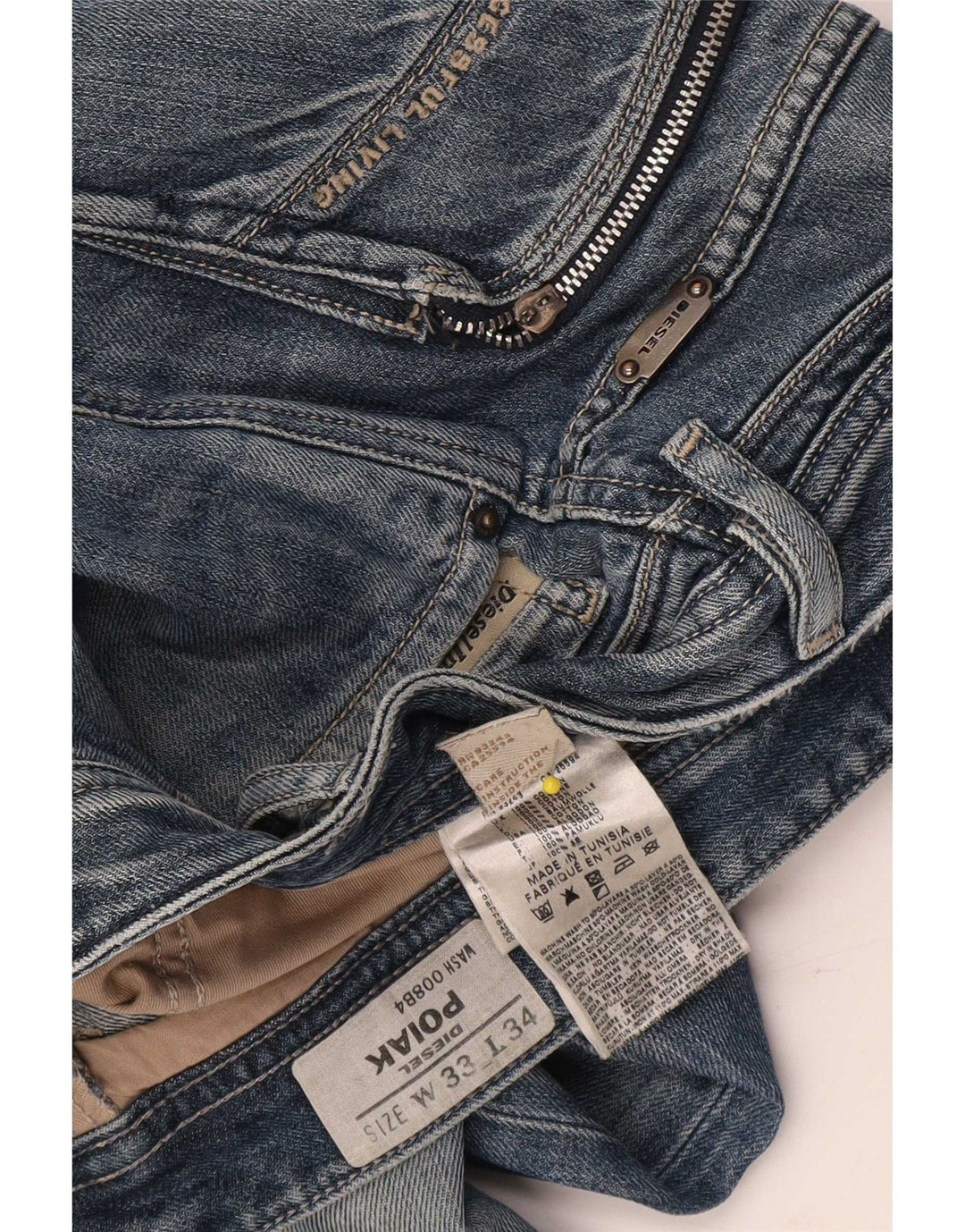 Diesel masculino Poiak jeans retos desgastados W33 L34 algodão azul