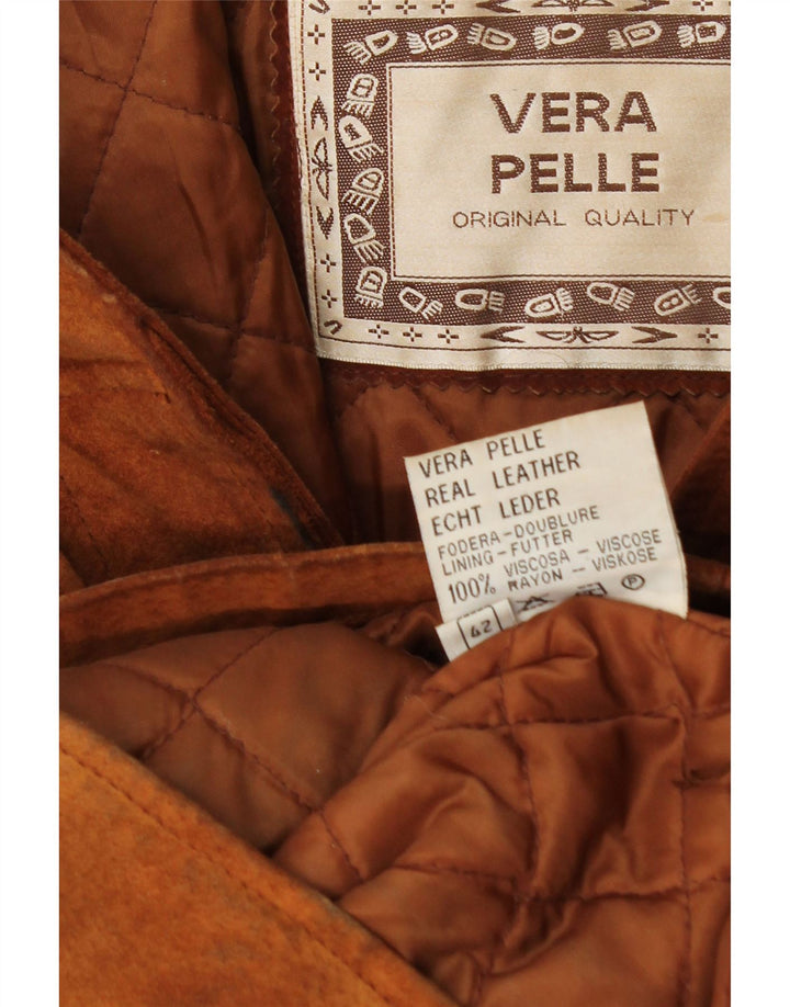 Casaco corta-vento feminino vintage de camurça com capuz IT 42 couro marrom médio