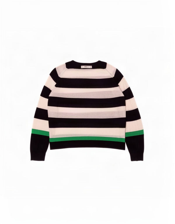 Zara Womens Boat Neck Jumper Sweater UK 14 Medium Black Striped Viscose