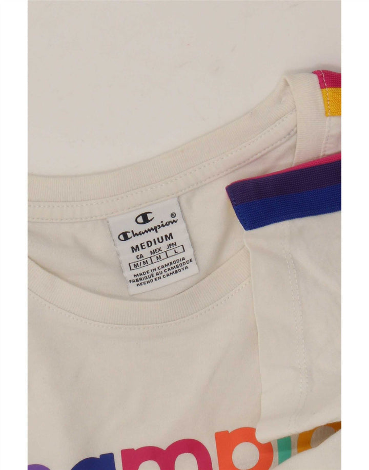 Camiseta feminina estampada Champion UK 12 bloco colorido branco médio