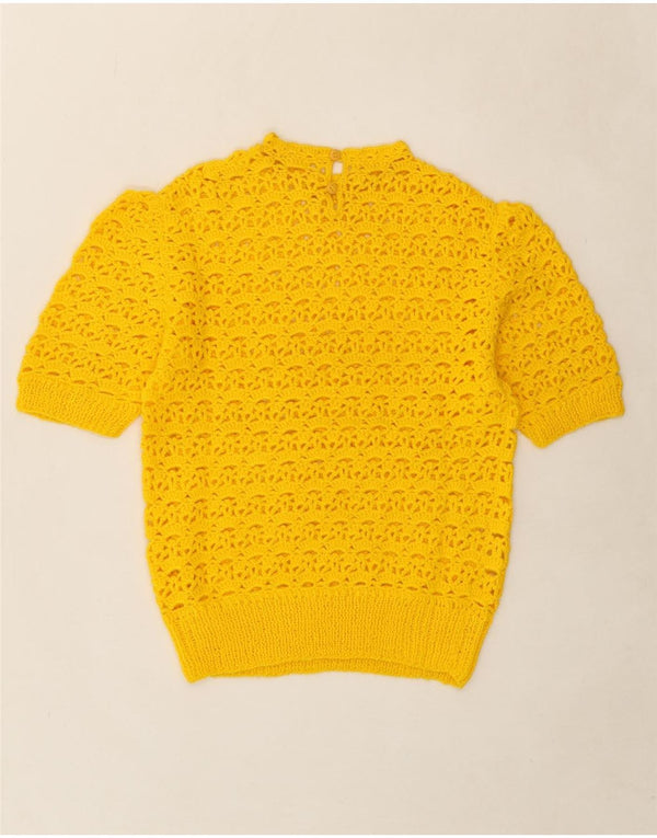 Suéter feminino VINTAGE de manga curta com gola redonda Reino Unido 12 médio amarelo