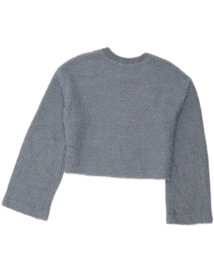 Zara Suéter feminino cropped com gola redonda Reino Unido 14 poliéster azul médio