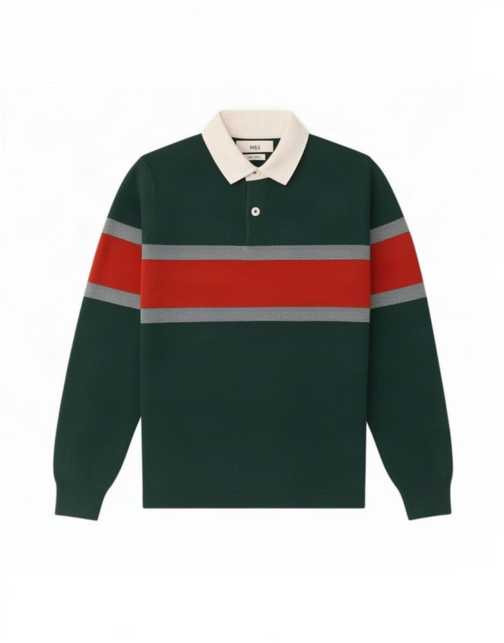 Suéter masculino Marks & Spencer com gola polo e pequeno bloco colorido verde