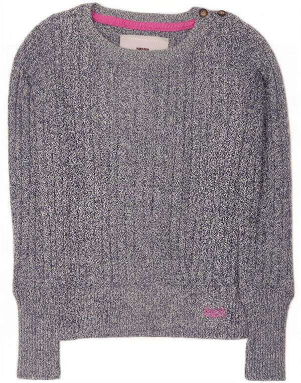 Suéter feminino Superdry com gola canoa UK 14 grande algodão manchado azul