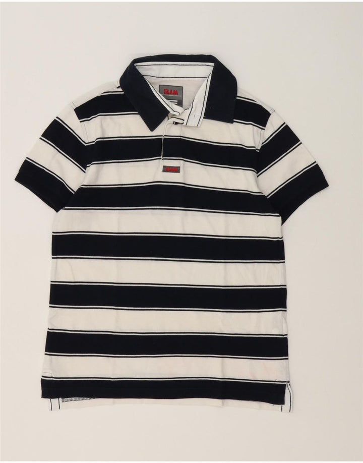 Camisa polo masculina Slam pequena listrada branca de algodão