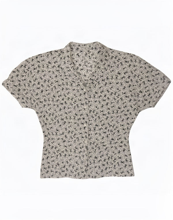 Blusa feminina vintage de manga curta UK 12 médio branco floral retrô