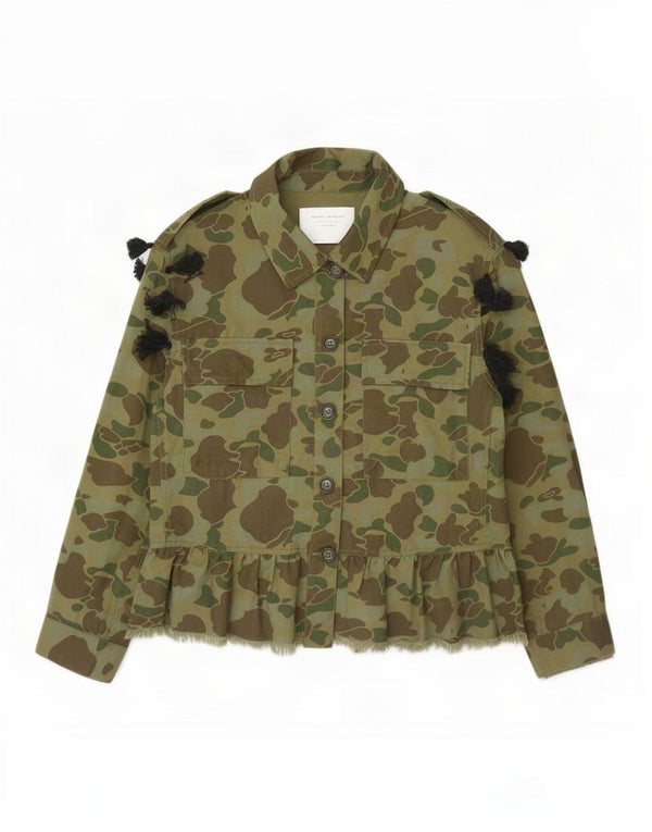 Jaqueta militar gráfica feminina Zara Reino Unido 10 pequeno algodão camuflado cáqui