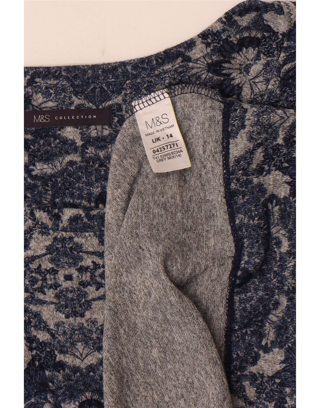 Túnica feminina Marks & Spencer manga 3/4 Reino Unido 14 cinza médio floral