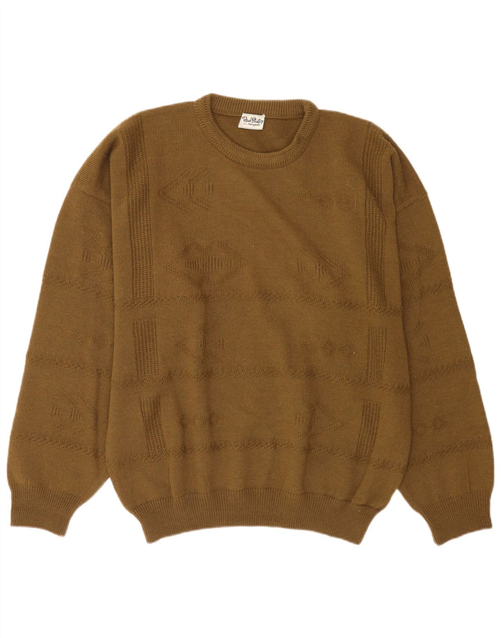 Suéter vintage masculino com gola redonda XL lã cáqui