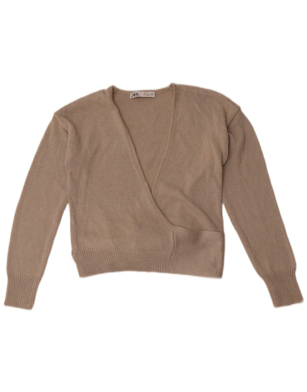 Suéter feminino Zara Crop Wrap Cardigan Reino Unido 10 Pequeno Acrílico Cinza
