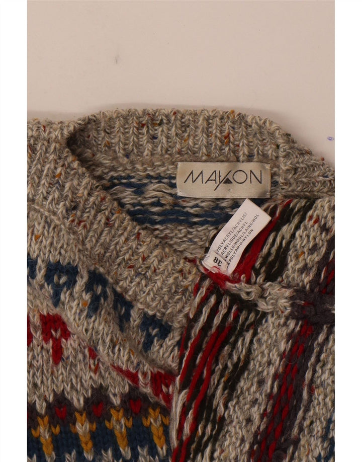 Suéter feminino Mayon com gola canoa grande UE 38 cinza médio Fair Isle
