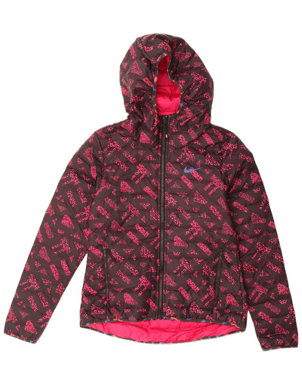 Jaqueta Nike feminina gráfica com capuz acolchoada UK 10 pequena rosa geométrica