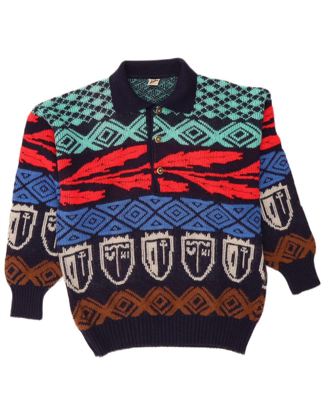Suéter vintage masculino com gola polo IT 50 médio geométrico multicolorido