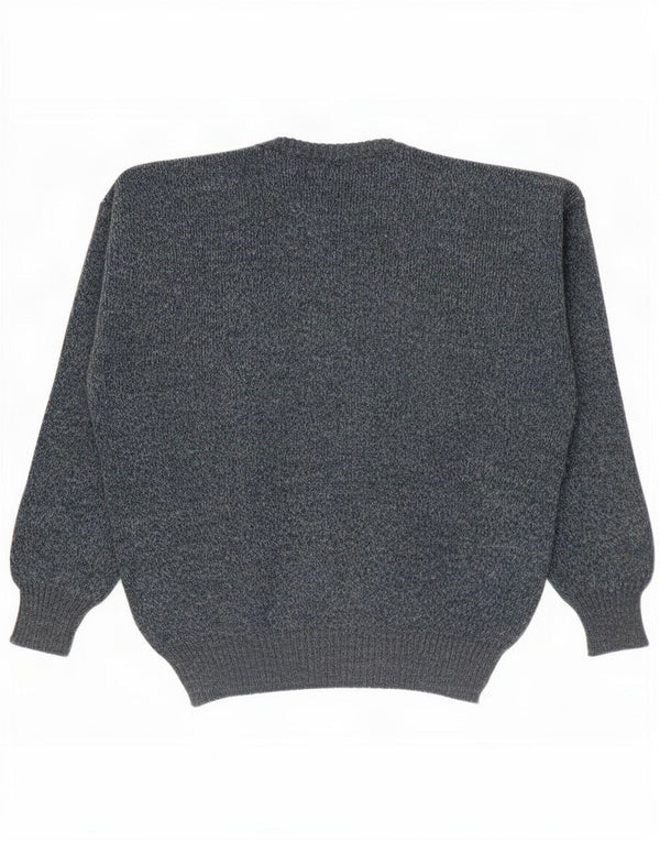 Suéter vintage masculino com gola redonda e acrílico geométrico azul marinho médio